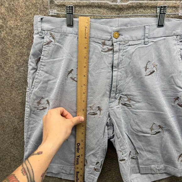 J McLaughlin Shorts Men 33 Blue Chino Flat Front Pinstripes Embroidered Dolphins - Picture 8 of 10